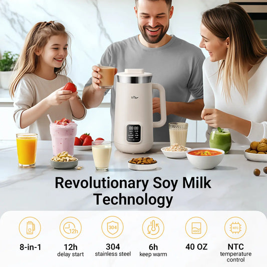 Bear 8 Modes All-In-One Nut Milk Processor, 1.2L (40oz) Soy Milk Maker with Automatic Self-Cleaning, 12H Delay Start & 6H Warm Hold, Single Tap Almond Milk Brewer for DIY Oat Beverages, Soup, Fruit Juice & Non-Dairy Plant Drinks