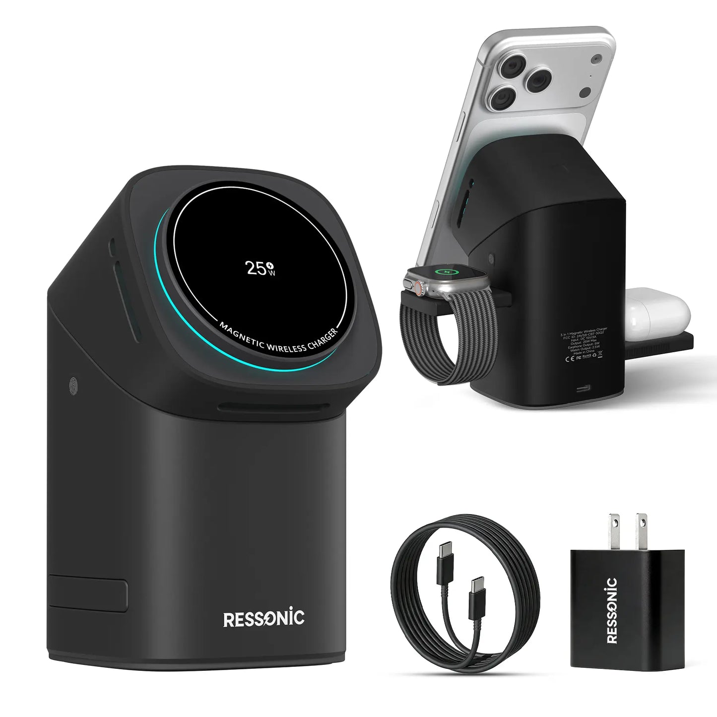 Universal 3 in One Wireless Charger Dock for Apple & Samsung Gadgets, 25W Fast Magnetic MagSafe Charging Stand Qi2 Certified, Comes with 45W Charger Adapter, Compatible with iPhone 17/16/15/14/13/12 Pro Max, AirPods, Apple Watch and Galaxy Watch
