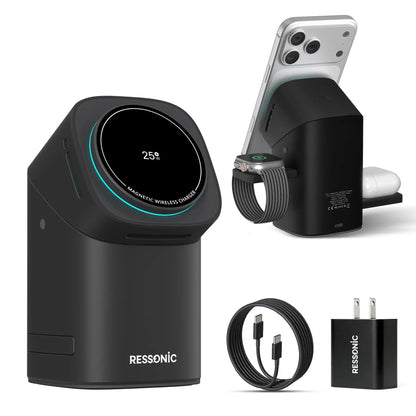 Universal 3 in One Wireless Charger Dock for Apple & Samsung Gadgets, 25W Fast Magnetic MagSafe Charging Stand Qi2 Certified, Comes with 45W Charger Adapter, Compatible with iPhone 17/16/15/14/13/12 Pro Max, AirPods, Apple Watch and Galaxy Watch