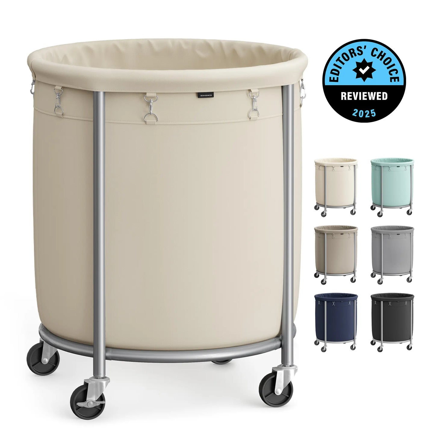 SONGMICS Clothes Storage Bin Equipped with Casters, Wheeled Dirty Clothes Container, Circular Washing Trolley Featuring Metal Bracket & Detachable Liner Bag, Household Storage Caddy