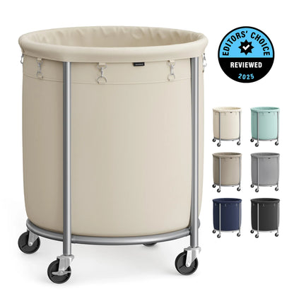 SONGMICS Clothes Storage Bin Equipped with Casters, Wheeled Dirty Clothes Container, Circular Washing Trolley Featuring Metal Bracket & Detachable Liner Bag, Household Storage Caddy