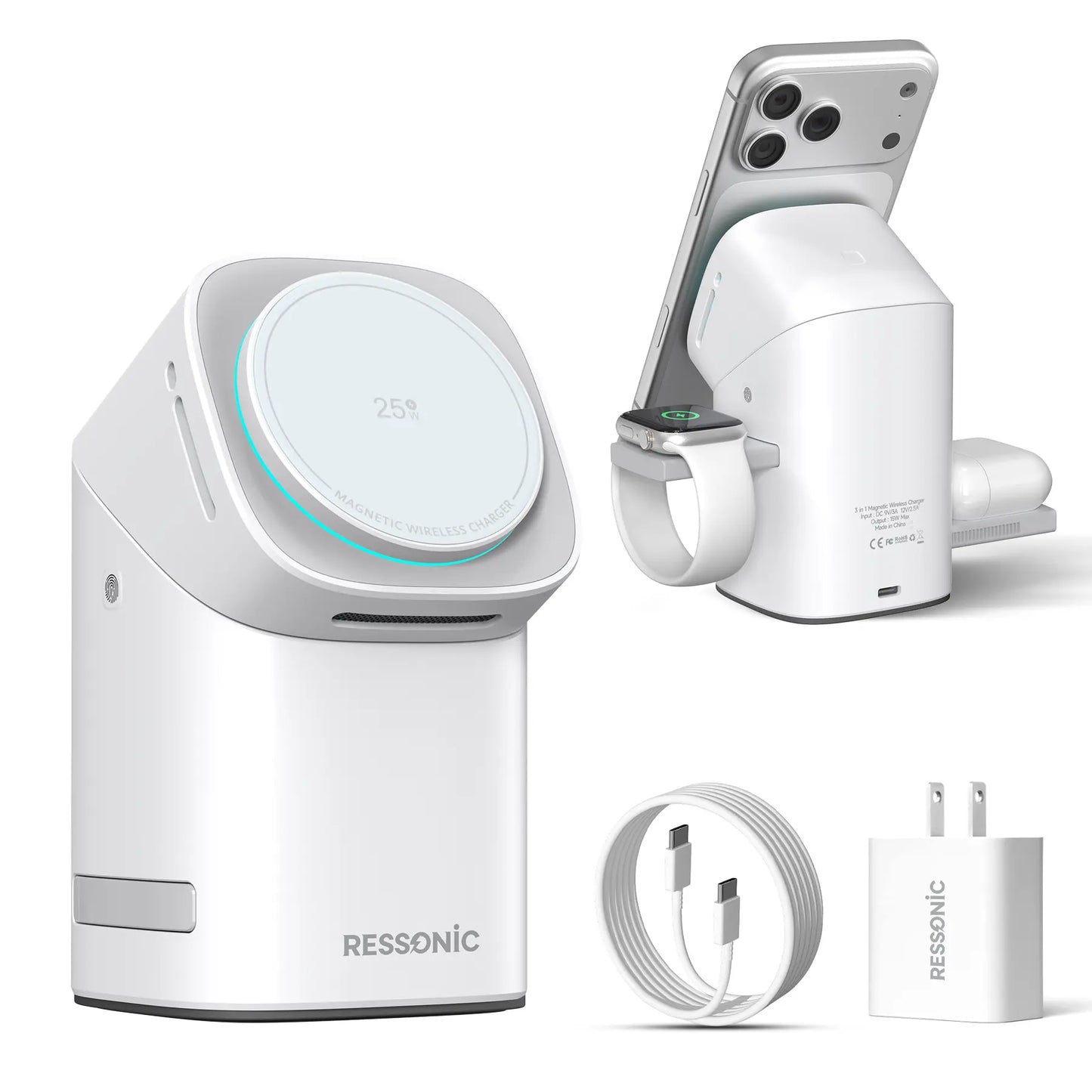 Universal 3 in One Wireless Charger Dock for Apple & Samsung Gadgets, 25W Fast Magnetic MagSafe Charging Stand Qi2 Certified, Comes with 45W Charger Adapter, Compatible with iPhone 17/16/15/14/13/12 Pro Max, AirPods, Apple Watch and Galaxy Watch