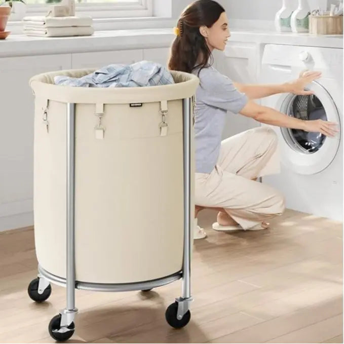 SONGMICS Clothes Storage Bin Equipped with Casters, Wheeled Dirty Clothes Container, Circular Washing Trolley Featuring Metal Bracket & Detachable Liner Bag, Household Storage Caddy