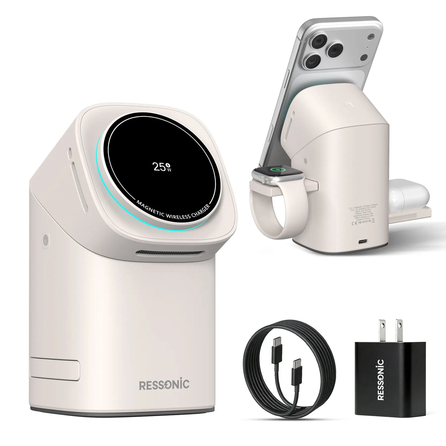 Universal 3 in One Wireless Charger Dock for Apple & Samsung Gadgets, 25W Fast Magnetic MagSafe Charging Stand Qi2 Certified, Comes with 45W Charger Adapter, Compatible with iPhone 17/16/15/14/13/12 Pro Max, AirPods, Apple Watch and Galaxy Watch