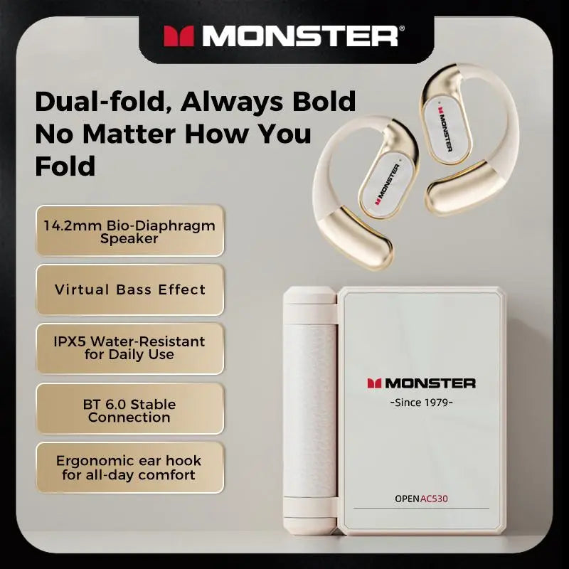 Monster AC530 Open-Ear Mic Headphones, Dual Foldable Frame, Noise Cancelling Mic Bluetooth 6.0 Earbuds, 165H Huge Battery Capacity, Touch Tap Operation, Sweatproof Sports Earphones for Running, Gym, Driving & School