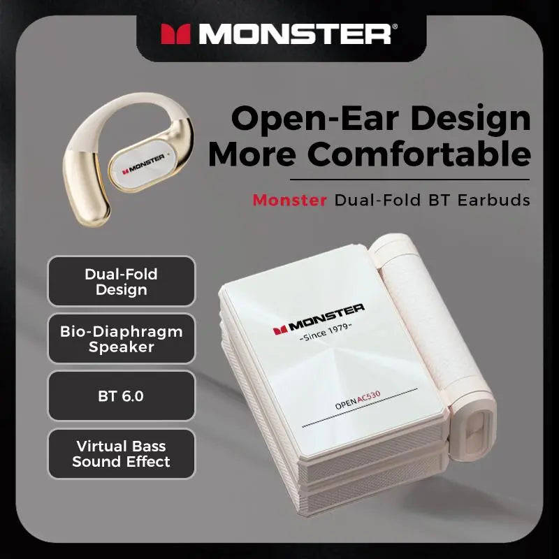 Monster AC530 Open-Ear Mic Headphones, Dual Foldable Frame, Noise Cancelling Mic Bluetooth 6.0 Earbuds, 165H Huge Battery Capacity, Touch Tap Operation, Sweatproof Sports Earphones for Running, Gym, Driving & School