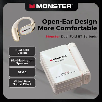 Monster AC530 Open-Ear Mic Headphones, Dual Foldable Frame, Noise Cancelling Mic Bluetooth 6.0 Earbuds, 165H Huge Battery Capacity, Touch Tap Operation, Sweatproof Sports Earphones for Running, Gym, Driving & School