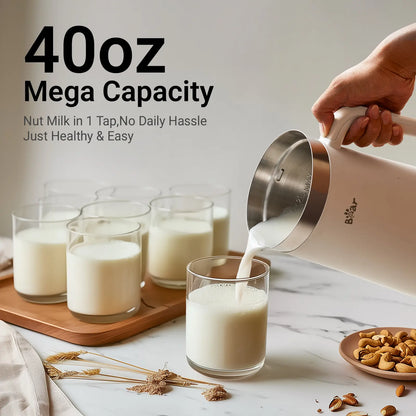 Bear 8 Modes All-In-One Nut Milk Processor, 1.2L (40oz) Soy Milk Maker with Automatic Self-Cleaning, 12H Delay Start & 6H Warm Hold, Single Tap Almond Milk Brewer for DIY Oat Beverages, Soup, Fruit Juice & Non-Dairy Plant Drinks
