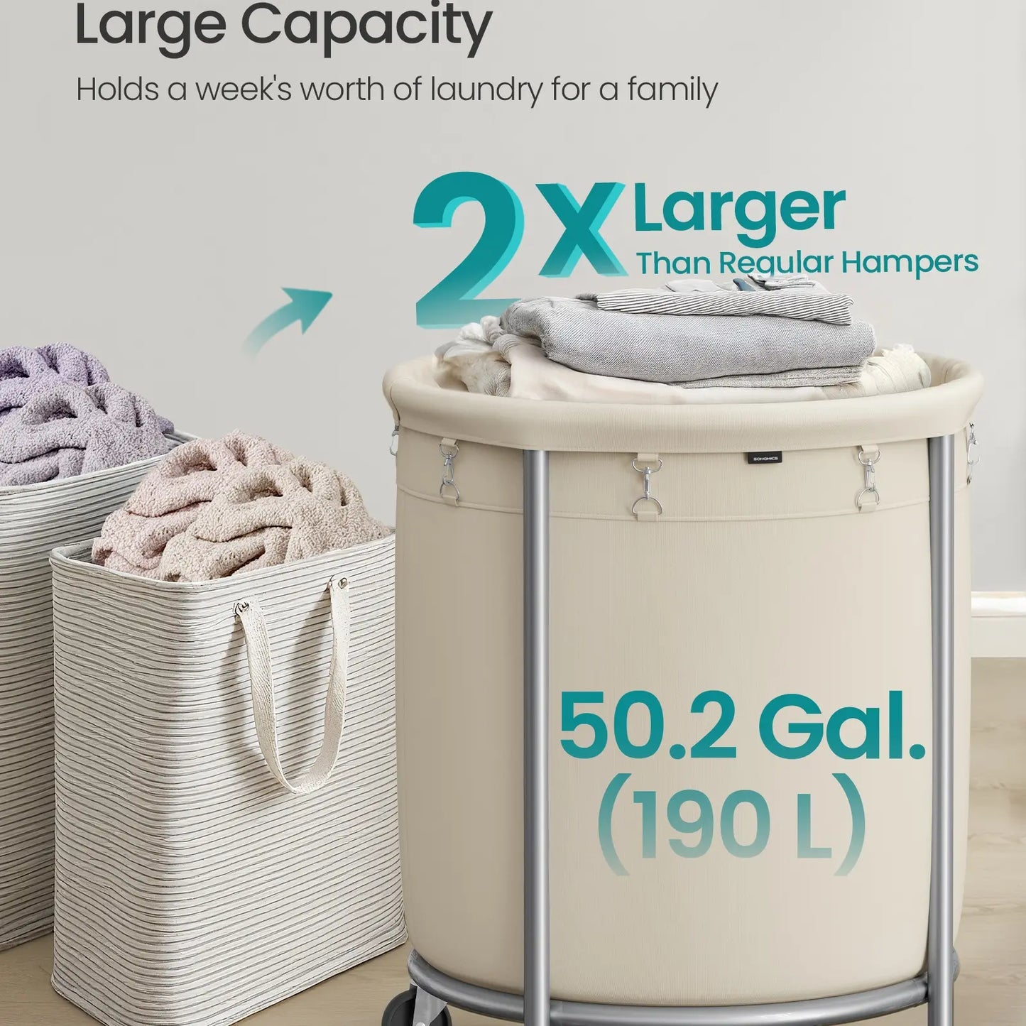 SONGMICS Clothes Storage Bin Equipped with Casters, Wheeled Dirty Clothes Container, Circular Washing Trolley Featuring Metal Bracket & Detachable Liner Bag, Household Storage Caddy