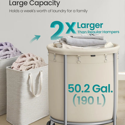 SONGMICS Clothes Storage Bin Equipped with Casters, Wheeled Dirty Clothes Container, Circular Washing Trolley Featuring Metal Bracket & Detachable Liner Bag, Household Storage Caddy