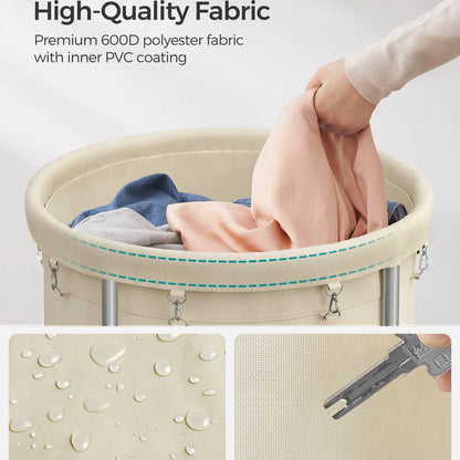 SONGMICS Clothes Storage Bin Equipped with Casters, Wheeled Dirty Clothes Container, Circular Washing Trolley Featuring Metal Bracket & Detachable Liner Bag, Household Storage Caddy
