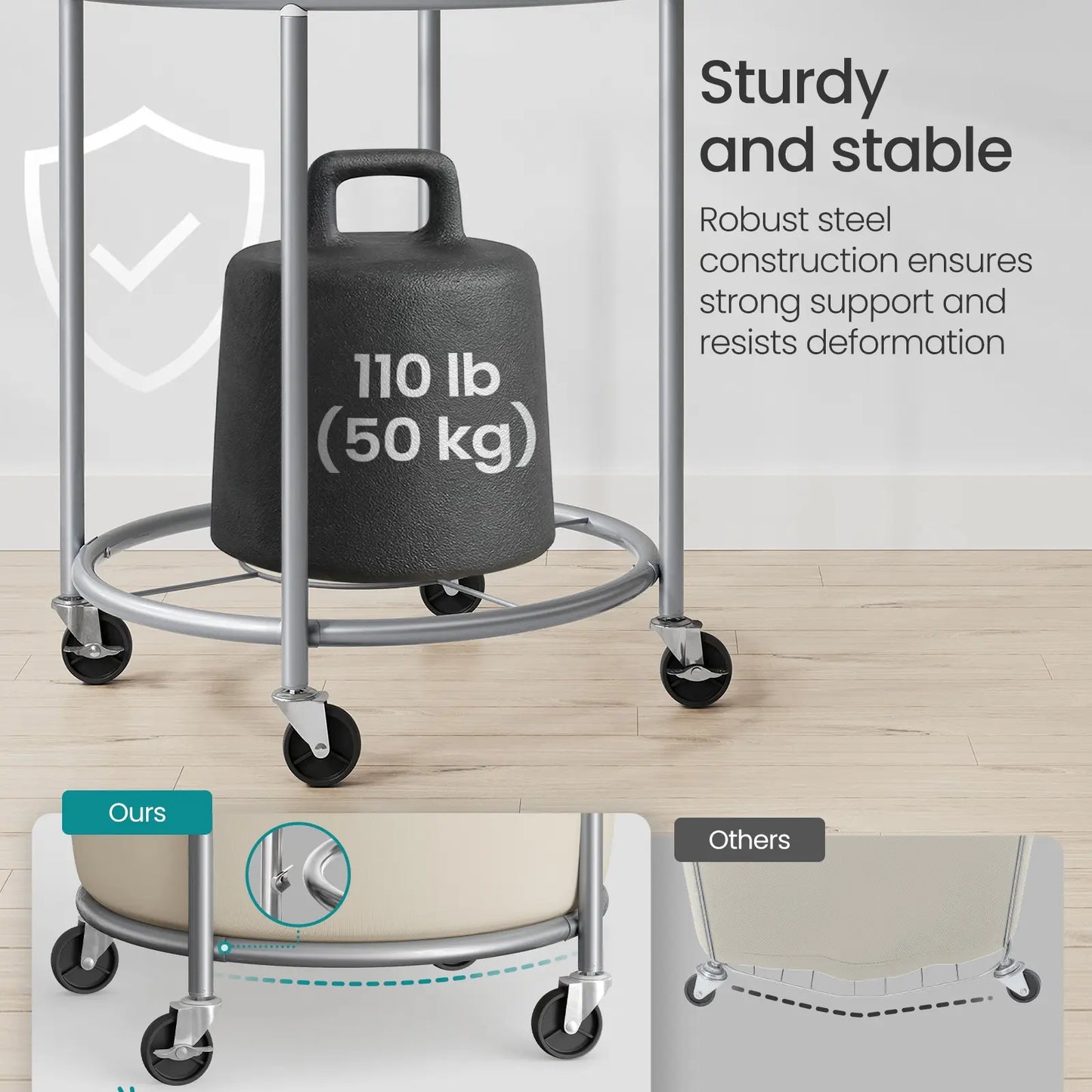 SONGMICS Clothes Storage Bin Equipped with Casters, Wheeled Dirty Clothes Container, Circular Washing Trolley Featuring Metal Bracket & Detachable Liner Bag, Household Storage Caddy