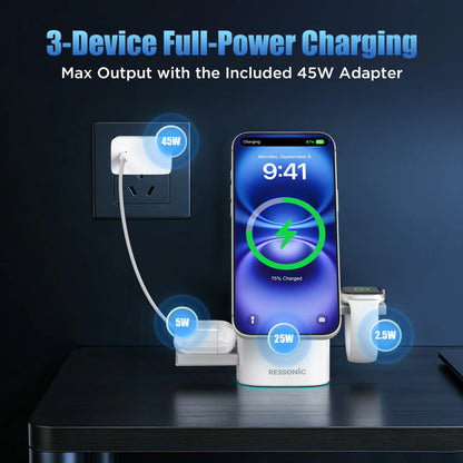 Universal 3 in One Wireless Charger Dock for Apple & Samsung Gadgets, 25W Fast Magnetic MagSafe Charging Stand Qi2 Certified, Comes with 45W Charger Adapter, Compatible with iPhone 17/16/15/14/13/12 Pro Max, AirPods, Apple Watch and Galaxy Watch