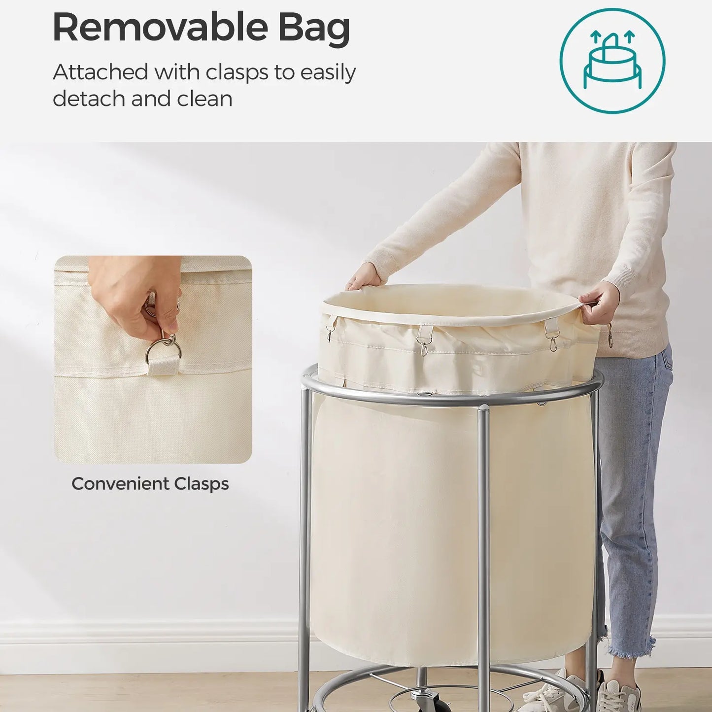 SONGMICS Clothes Storage Bin Equipped with Casters, Wheeled Dirty Clothes Container, Circular Washing Trolley Featuring Metal Bracket & Detachable Liner Bag, Household Storage Caddy
