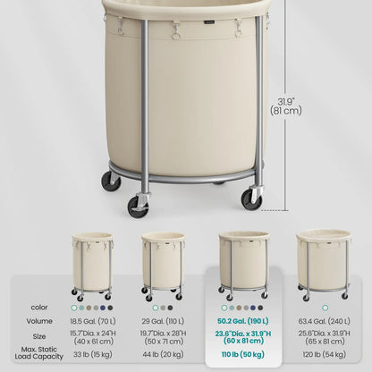 SONGMICS Clothes Storage Bin Equipped with Casters, Wheeled Dirty Clothes Container, Circular Washing Trolley Featuring Metal Bracket & Detachable Liner Bag, Household Storage Caddy