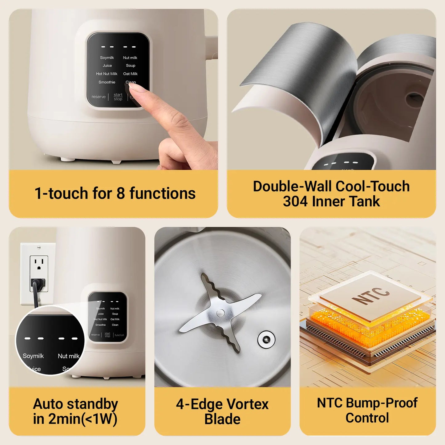 Bear 8 Modes All-In-One Nut Milk Processor, 1.2L (40oz) Soy Milk Maker with Automatic Self-Cleaning, 12H Delay Start & 6H Warm Hold, Single Tap Almond Milk Brewer for DIY Oat Beverages, Soup, Fruit Juice & Non-Dairy Plant Drinks