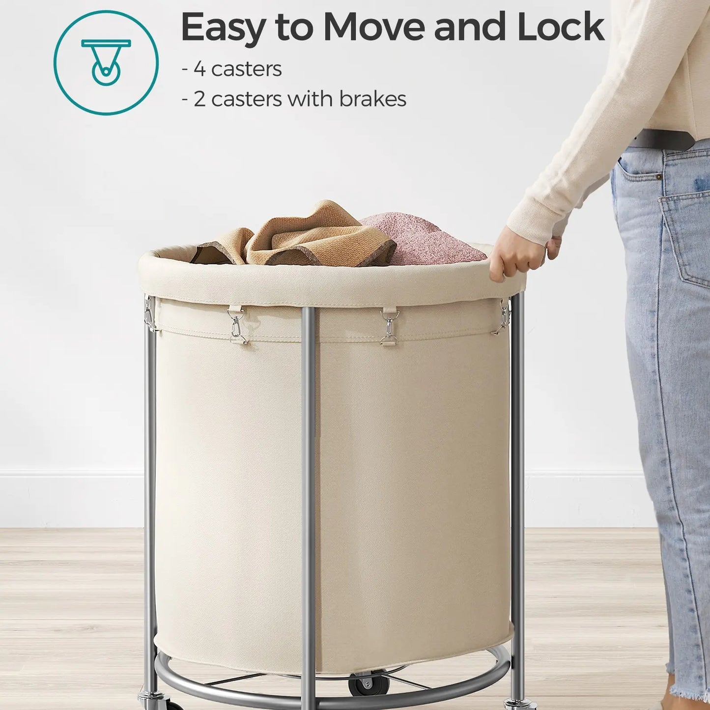 SONGMICS Clothes Storage Bin Equipped with Casters, Wheeled Dirty Clothes Container, Circular Washing Trolley Featuring Metal Bracket & Detachable Liner Bag, Household Storage Caddy