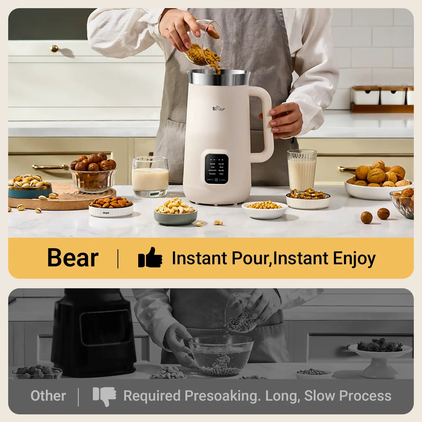 Bear 8 Modes All-In-One Nut Milk Processor, 1.2L (40oz) Soy Milk Maker with Automatic Self-Cleaning, 12H Delay Start & 6H Warm Hold, Single Tap Almond Milk Brewer for DIY Oat Beverages, Soup, Fruit Juice & Non-Dairy Plant Drinks