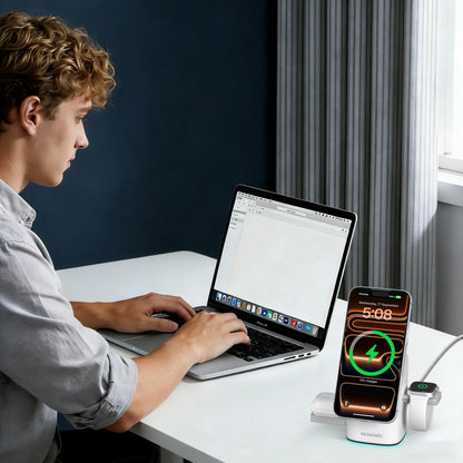 Universal 3 in One Wireless Charger Dock for Apple & Samsung Gadgets, 25W Fast Magnetic MagSafe Charging Stand Qi2 Certified, Comes with 45W Charger Adapter, Compatible with iPhone 17/16/15/14/13/12 Pro Max, AirPods, Apple Watch and Galaxy Watch