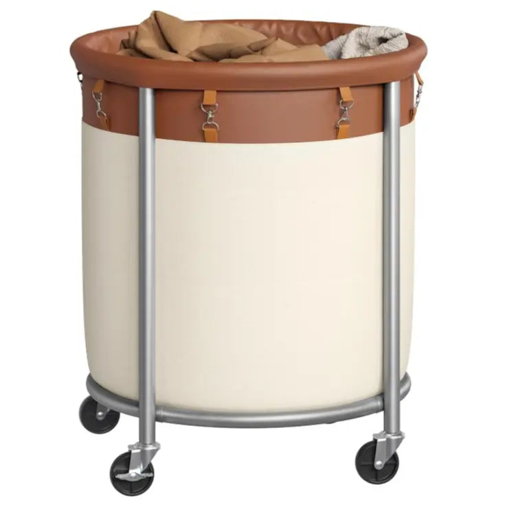 SONGMICS Clothes Storage Bin Equipped with Casters, Wheeled Dirty Clothes Container, Circular Washing Trolley Featuring Metal Bracket & Detachable Liner Bag, Household Storage Caddy