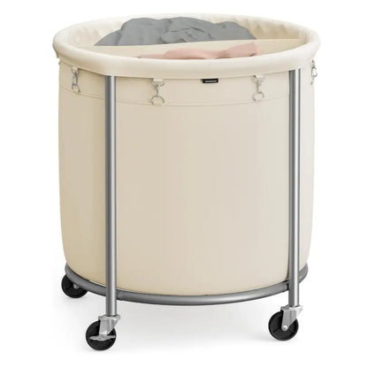 SONGMICS Clothes Storage Bin Equipped with Casters, Wheeled Dirty Clothes Container, Circular Washing Trolley Featuring Metal Bracket & Detachable Liner Bag, Household Storage Caddy