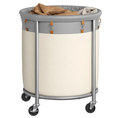 SONGMICS Clothes Storage Bin Equipped with Casters, Wheeled Dirty Clothes Container, Circular Washing Trolley Featuring Metal Bracket & Detachable Liner Bag, Household Storage Caddy