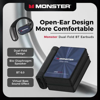 Monster AC530 Open-Ear Mic Headphones, Dual Foldable Frame, Noise Cancelling Mic Bluetooth 6.0 Earbuds, 165H Huge Battery Capacity, Touch Tap Operation, Sweatproof Sports Earphones for Running, Gym, Driving & School