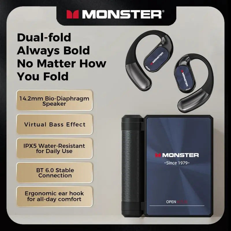 Monster AC530 Open-Ear Mic Headphones, Dual Foldable Frame, Noise Cancelling Mic Bluetooth 6.0 Earbuds, 165H Huge Battery Capacity, Touch Tap Operation, Sweatproof Sports Earphones for Running, Gym, Driving & School