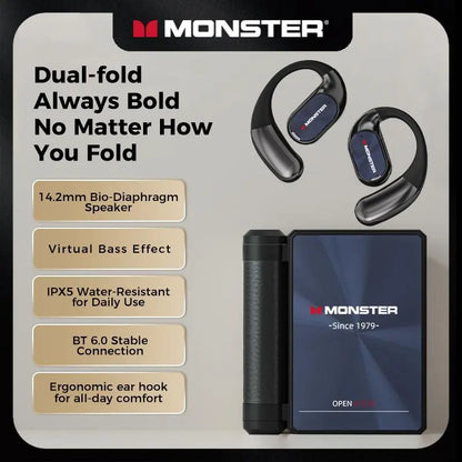 Monster AC530 Open-Ear Mic Headphones, Dual Foldable Frame, Noise Cancelling Mic Bluetooth 6.0 Earbuds, 165H Huge Battery Capacity, Touch Tap Operation, Sweatproof Sports Earphones for Running, Gym, Driving & School